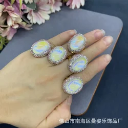 Opal colored glazed inlaid with natural powder spar live ring, exquisite small jewelry vintage hot-selling model