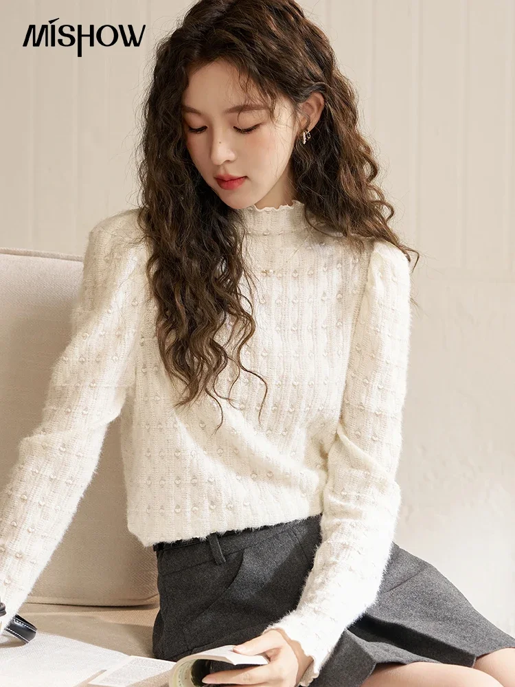 MISHOW Lace Bottoming Shirt Women Autumn Winter Mock Neck Long Sleeve Knitted Pullover French Warm Inner Top Female MXC58Z0481