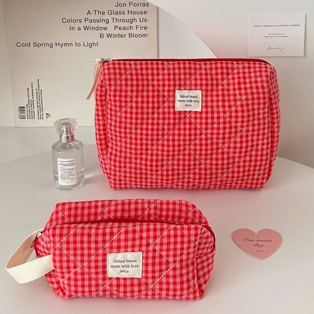 Simple Solid Color Plaid Women\'s Cosmetic Bag Fashion Sweet Soft Fabric Ladies Storage Bags Large Capacity Female Clutch Handbag