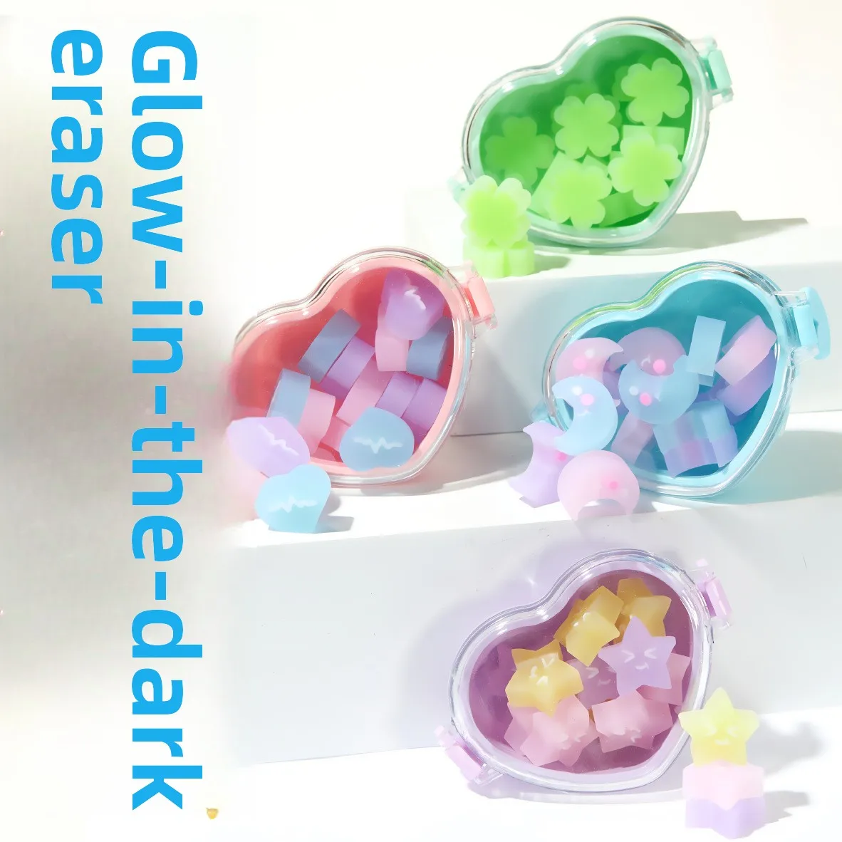 12 قطعة/الوحدة لطيف الكرتون Noctilucent ممحاة محاصر Kawaii القمر ستار البرسيم الحب شكل قلم رصاص المطاط طالب المدرسة القرطاسية هدية