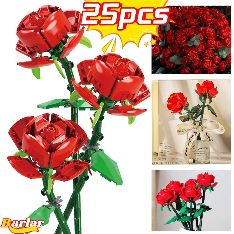 DIY Roses Building Blocks Red/Pink/Blue/Black/white Flower Bouquet Plants Mother Day Gardens Classic Model Bricks Toys 1-25PCS