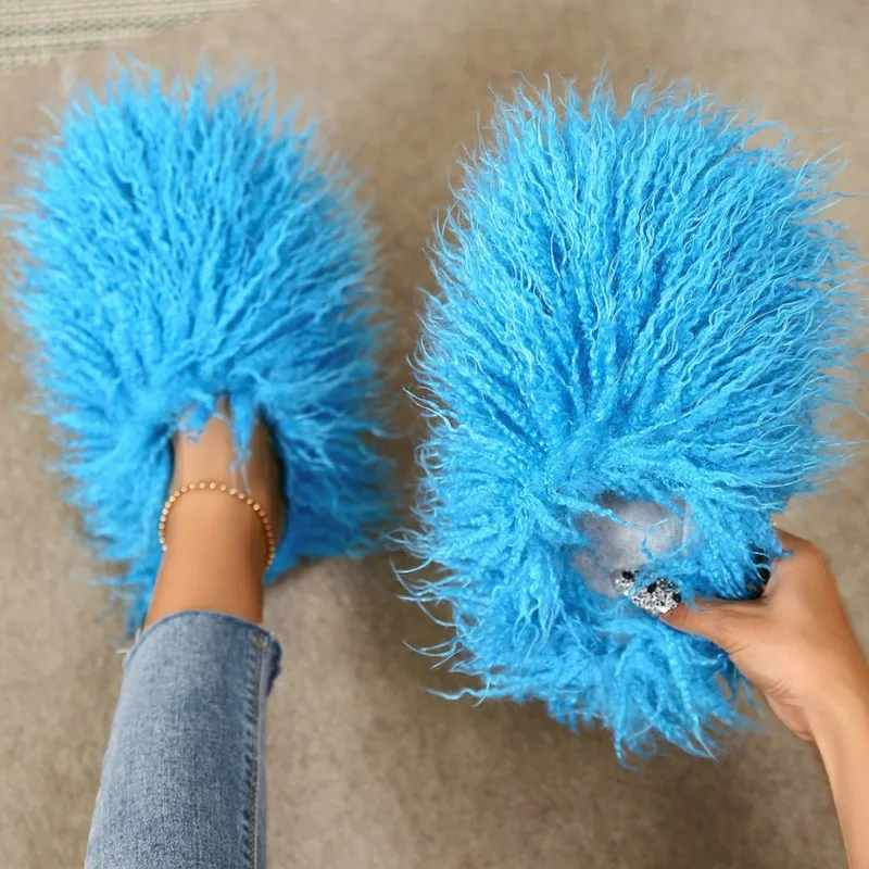 Women\'s Autumn Winter Mongolian fur Slippers Plus Size Woman Luxury Furry Faux Fur Slippers Plush Warm Home Cotton Fur Slides