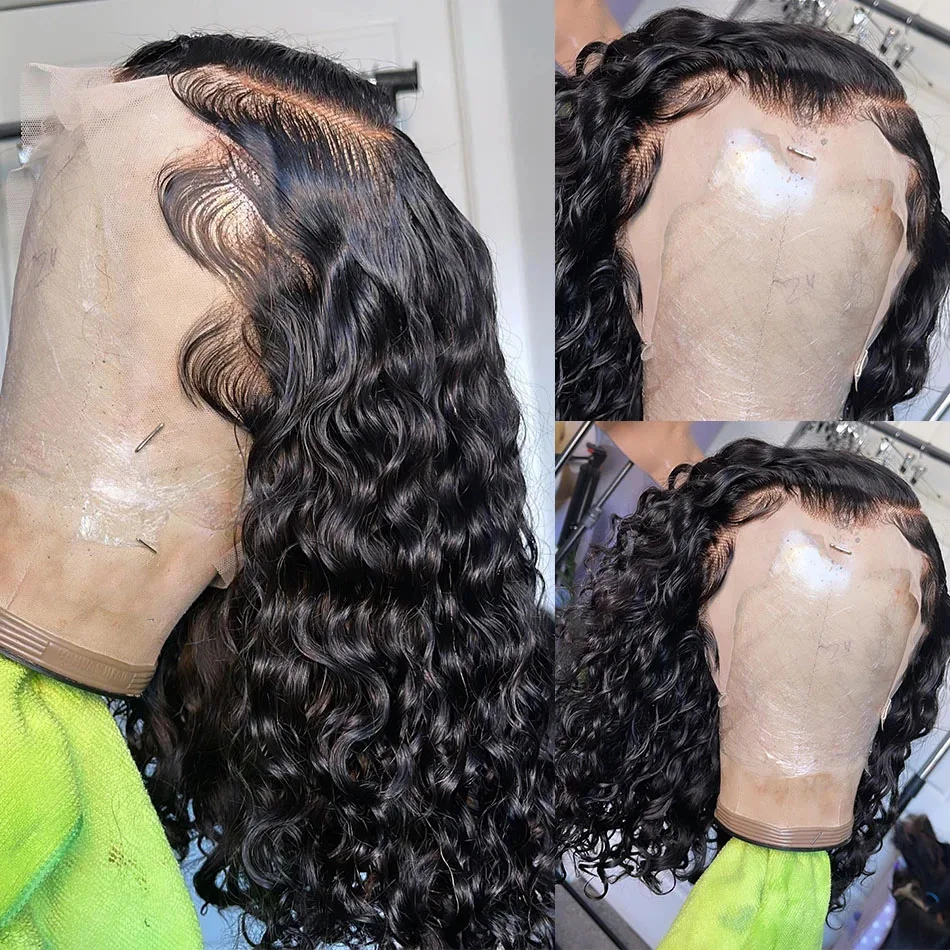 4x4 onda profunda curto bob frontal encaracolado perucas 13x4 peruca dianteira do laço transparente brasileiro remy 180 densidade cabelo humano feminino 12 14 em