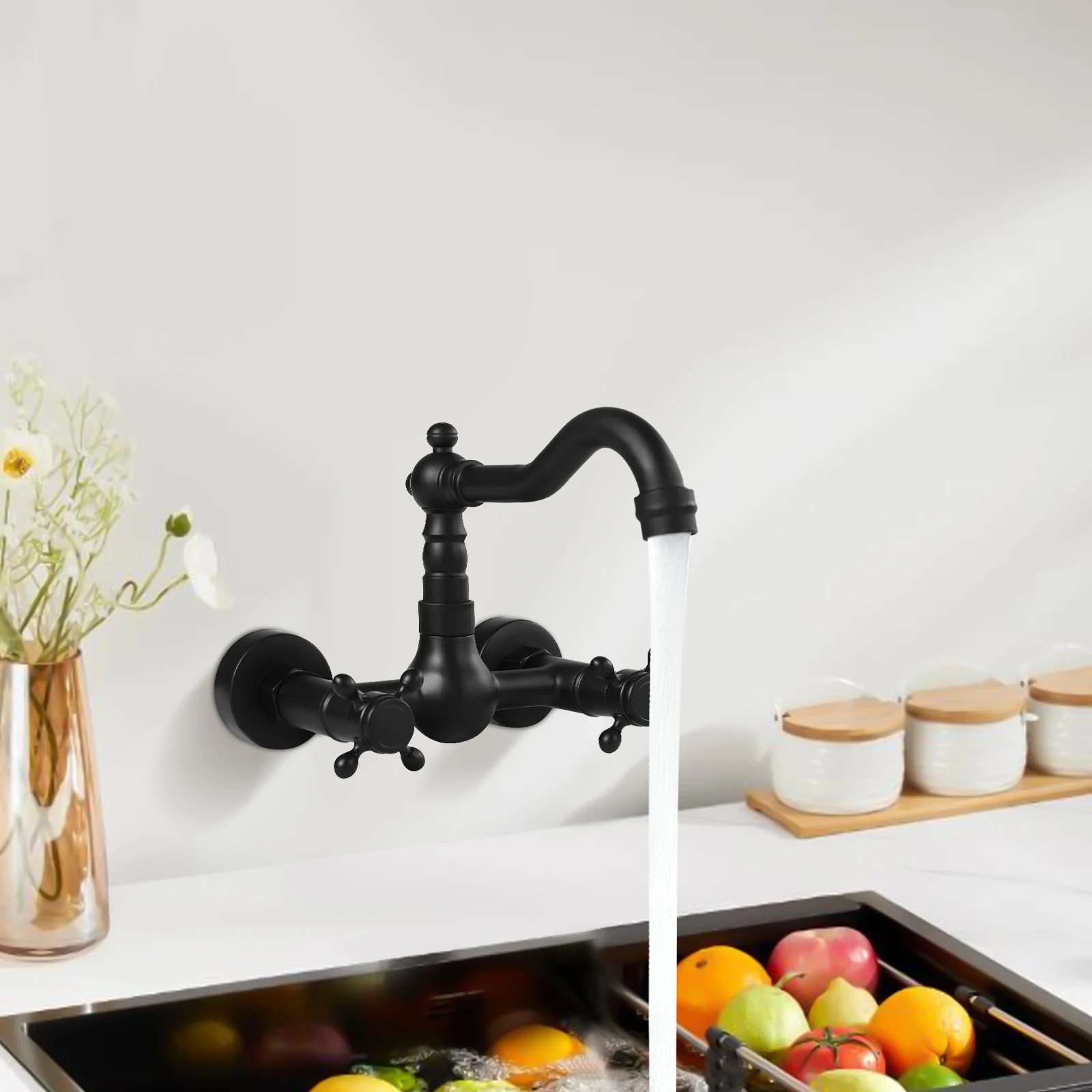 

Wall Mount Kitchen Faucet Matte Black Center Double Cross Handle Mixer Tap Long Spout 360 Rotatable Faucet