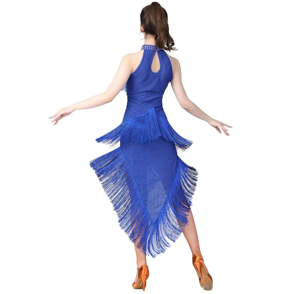 Dazzling  Dance Salsa Samba Clothes For Women High Neck  Fringes Latin Dresses Sleeveless Irregular Long Dress with Necklace