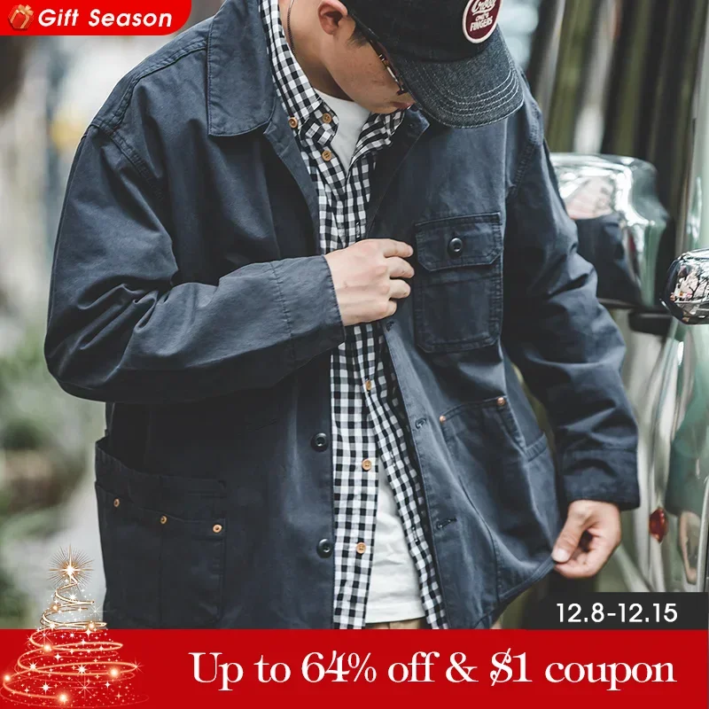 Maden Jaqueta masculina azul-marinho estilo cazadora Gola virada assimetrica vários bolsos Casaco casual de algodão Roupa exterior solta Tamanho