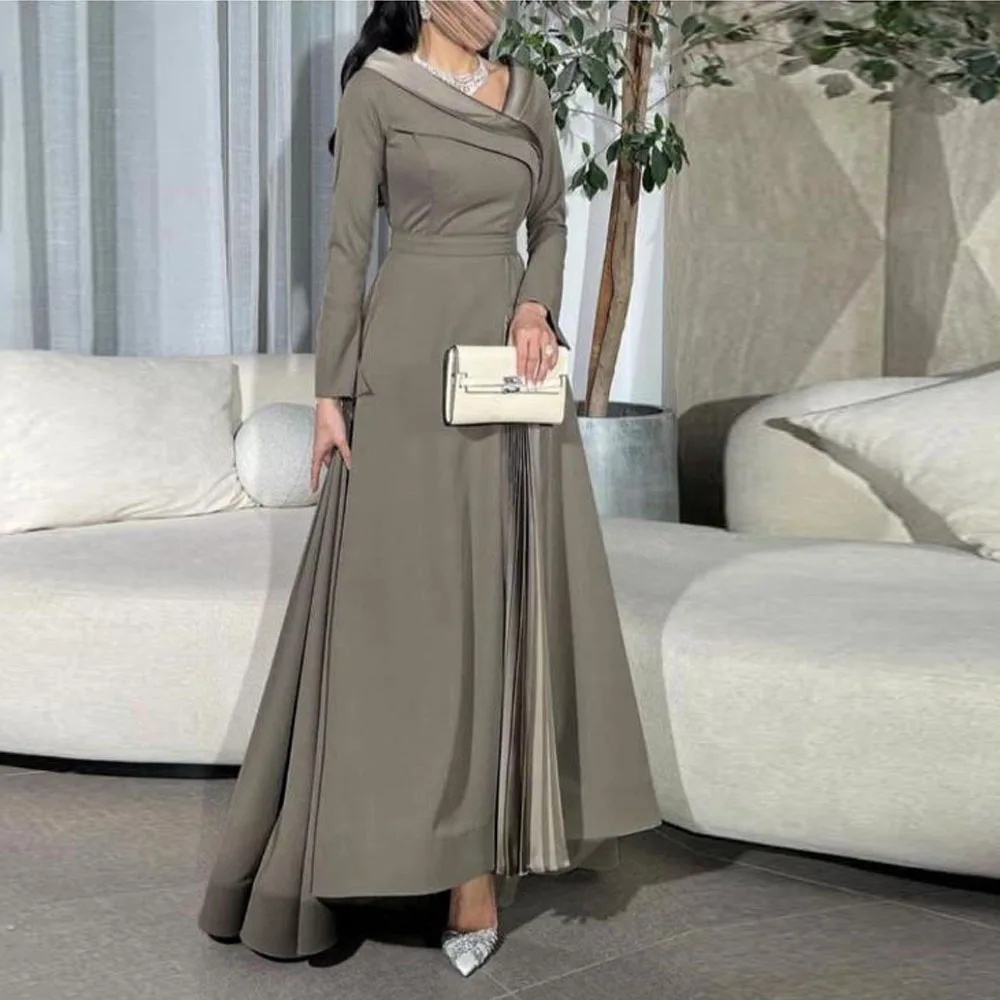 

Customized Grey A Line Prom Dresses 2025 V Neckline Full Sleeve فساتين سهرات Asymmetrical Hem Satin Formal Party Gown