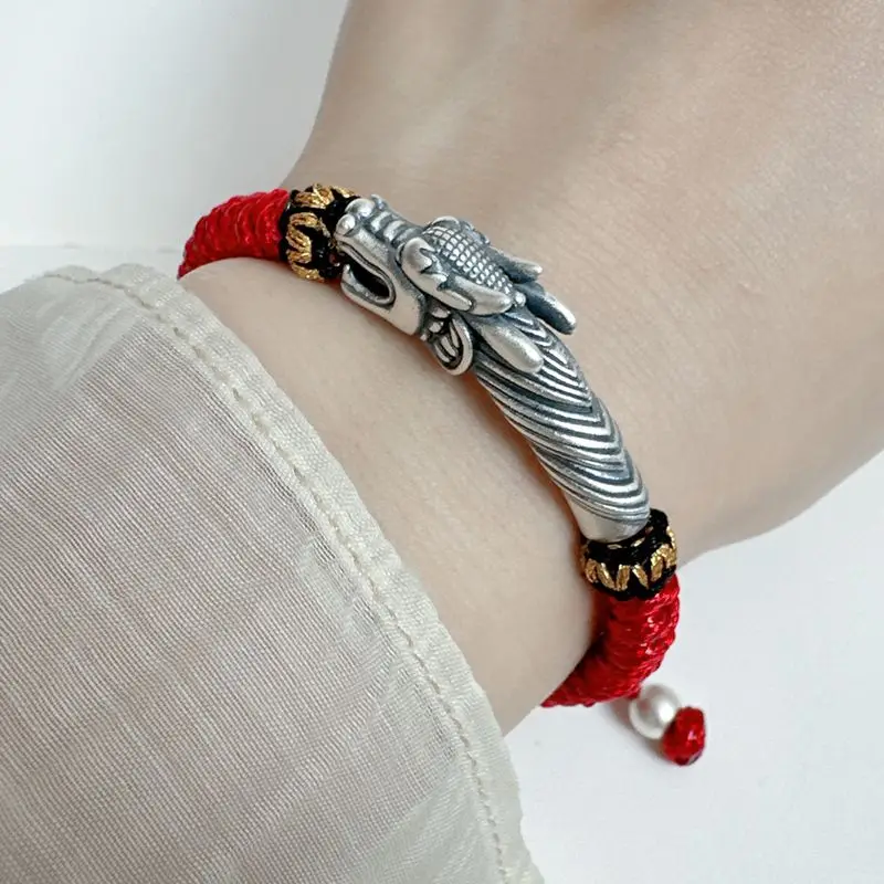 Pure Silver Bracelet 999 Full Silver Dragon Elbow Bracelet Red Rope Handmade Couple Retro Woven Red Bracelet Jewelry