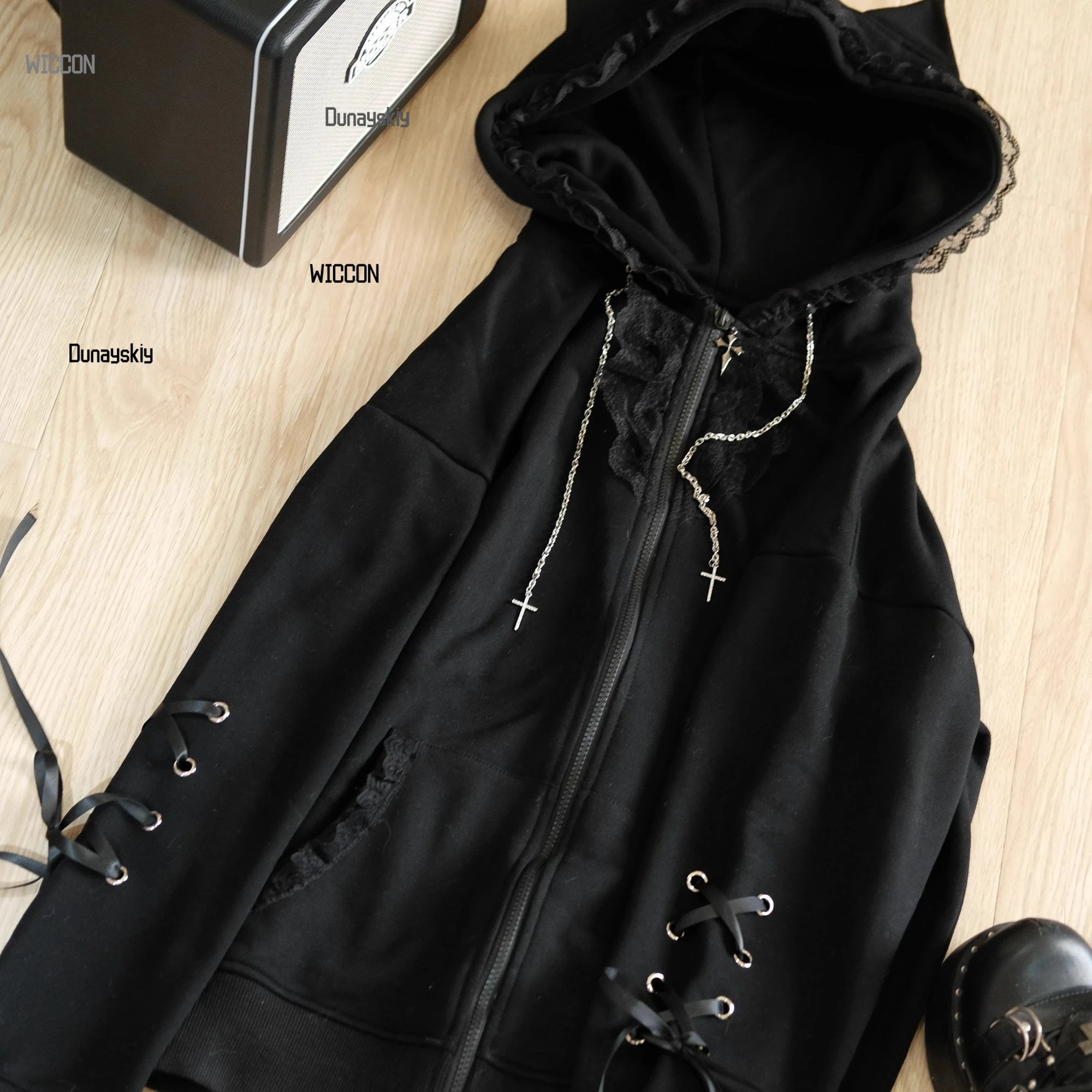 Jirai Kei Japanese Subcultural Lace Dark Cat Punk Coat Cosplay Costumes Women Girls Y2K Lace Ribbon Hooded Halloween Christmas - view 5