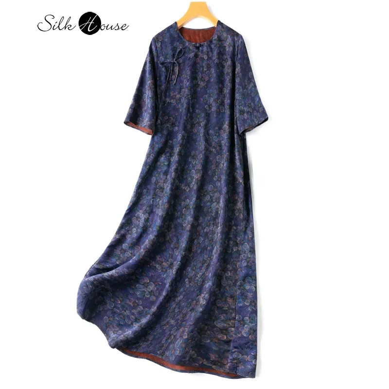 

New Chinese Style "Deep Blue Flower Cluster" Jacquard Colorful Red Cloud Yarn 100% Natural Mulberry Silk Button Women's Dress