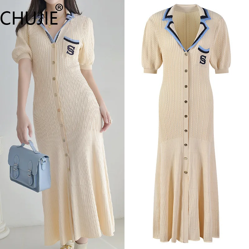 

CHUJIE 2025 Early Autumn French Dress - Puff Sleeve Color Block Knit Maxi, Embroidered V-Neck, Blend Fabric