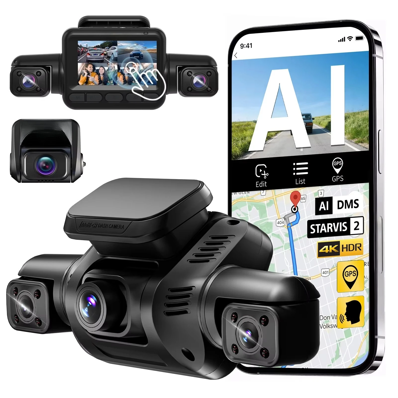 Dash Cam 4K Dash Cam AI DMS Car Black Box 4 Lens Dash Cam Driving Recorder with Night Vision Parking Monitor