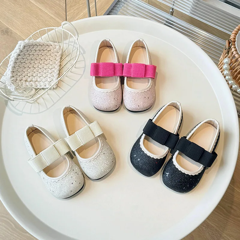 2025 Fashion Kids Princess Shoes Autumn New Girls Causal Leather Shoes Round-toe Bowknot Child Sequins Ballet Flat Shoes Zapatos