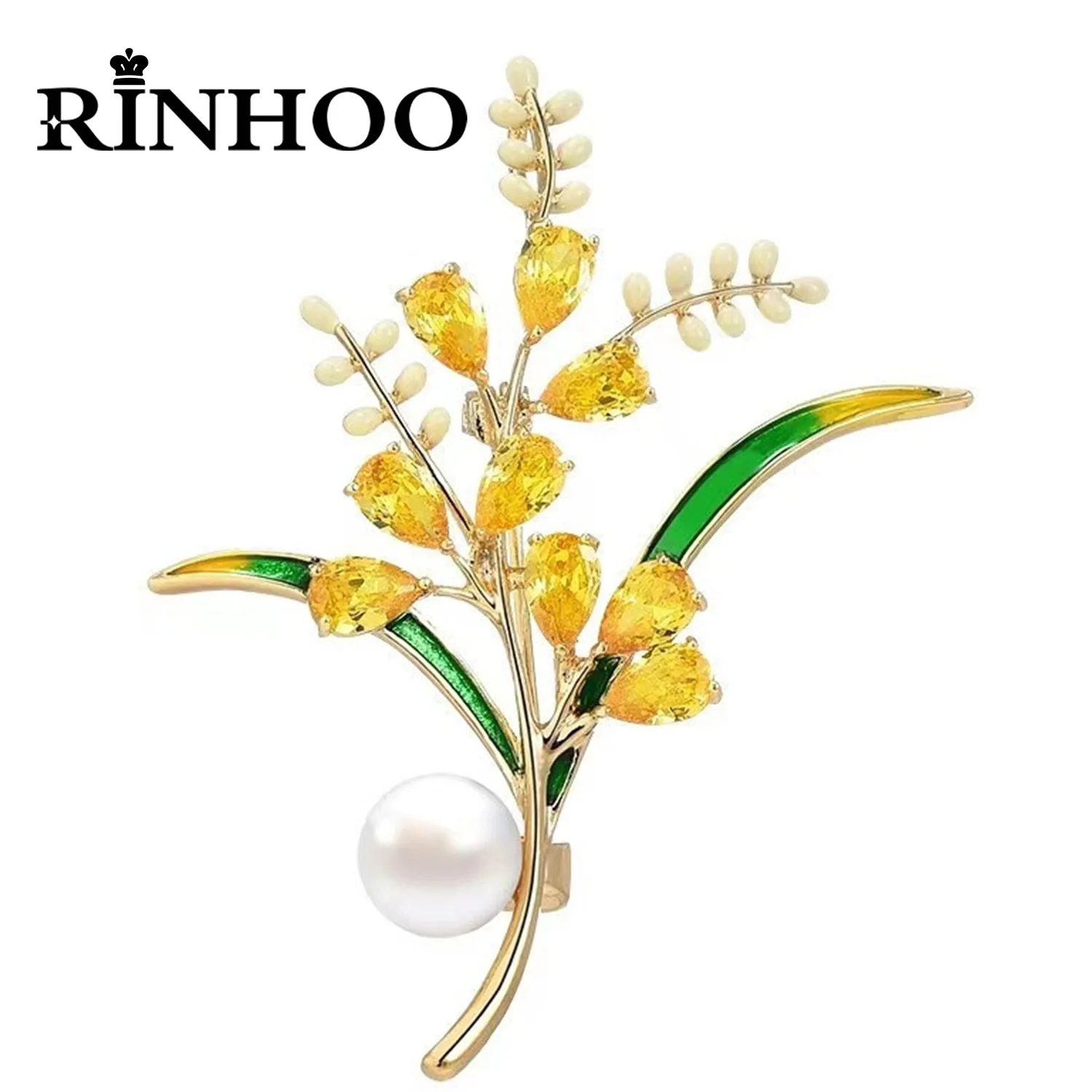 

Rinhoo Exquisite Rhinestone Wheat Ear Brooch For Women Crystal Green Leaves Imitation Pearl Wheat Lapel Pins Plant Badge Jewelry