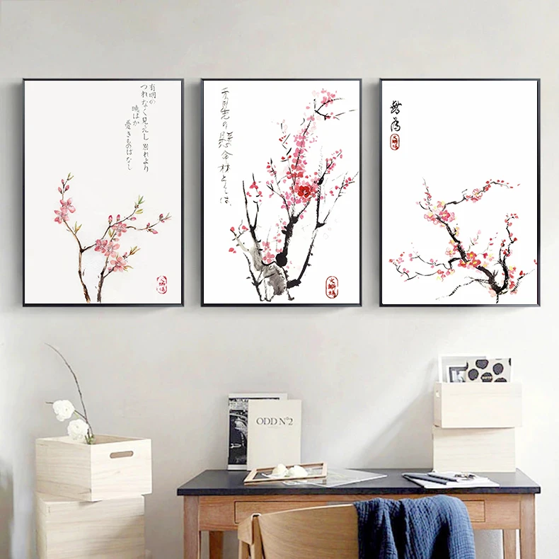 Japanese Watercolor Sakura Cherry Blossom Poster Flower and Bird Canvas Painting Wall Art for Living Room Home Decor Mural