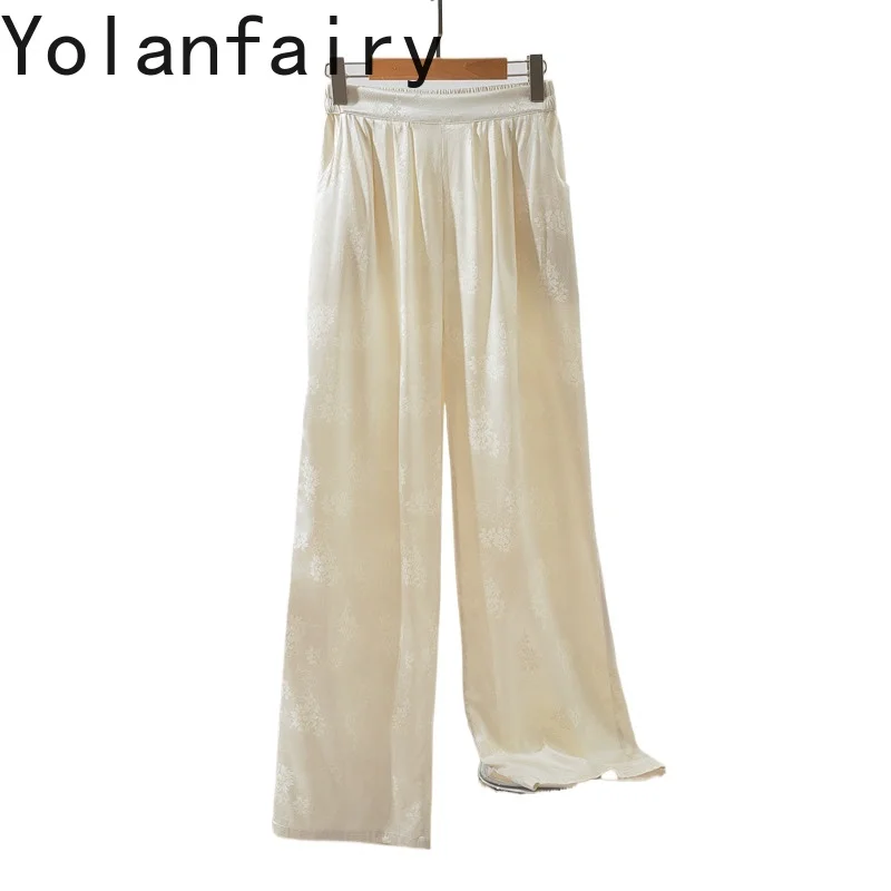 

YOLANFAIRY 100% Real Mulberry Silk Summer Pants Woman 2025 Jacquard Satin Straight Casual Pants Trousers Women's Wide Leg Pants