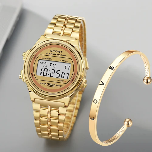 Imagen 1 del producto Reloj electrónico LED informal para mujer, correa Retro de acero inoxidable, reloj Digital LED para mujer, reloj de pulsera deportivo multifunción