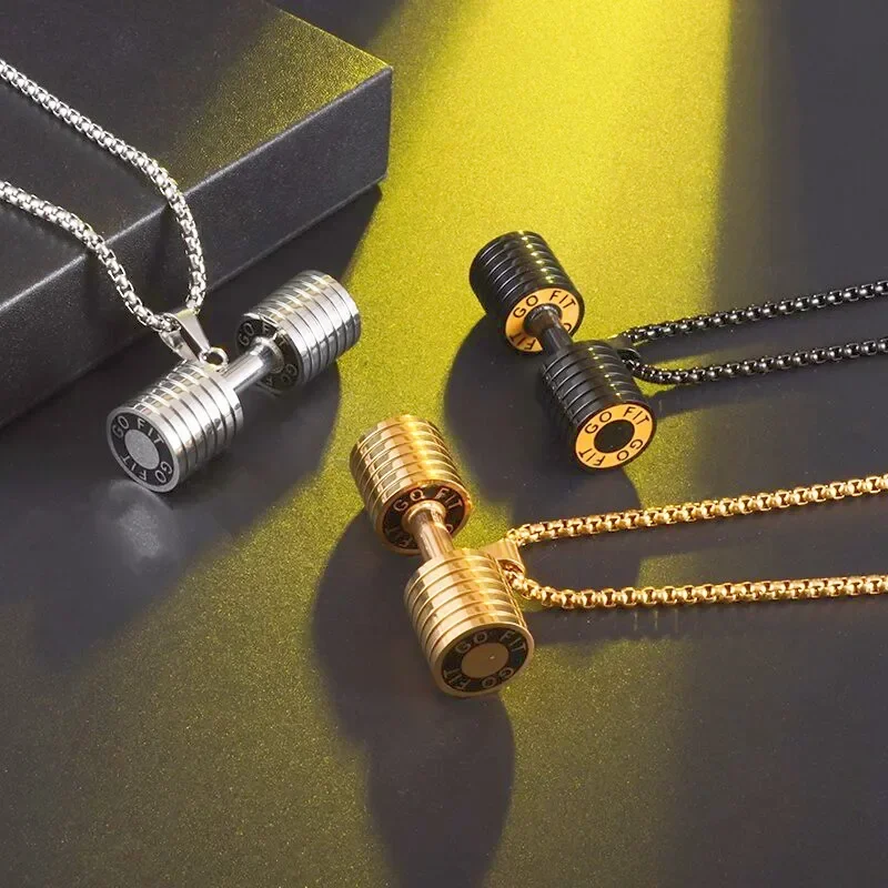 Cool Titanium Steel Dumbbell Pendant Necklace Barbell Fitness Pendant Men and Women Leisure Sports Punk Jewelry