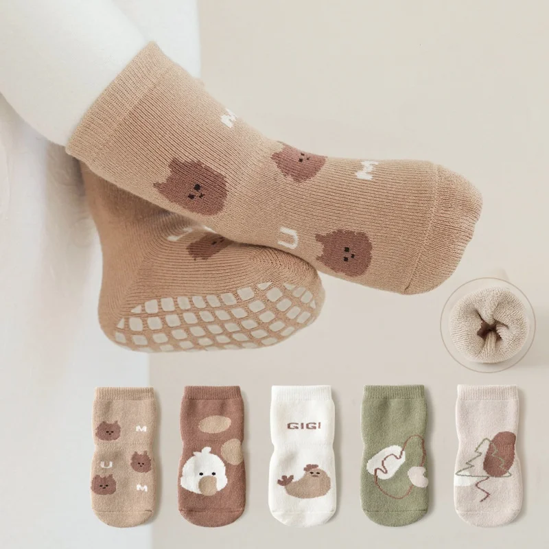 0-5Years Children's Floor Socks For Boys Girls Autumn Winter Kids Cotton Thickened Terry Socks Cartoon Print Baby Anti Slip Sock