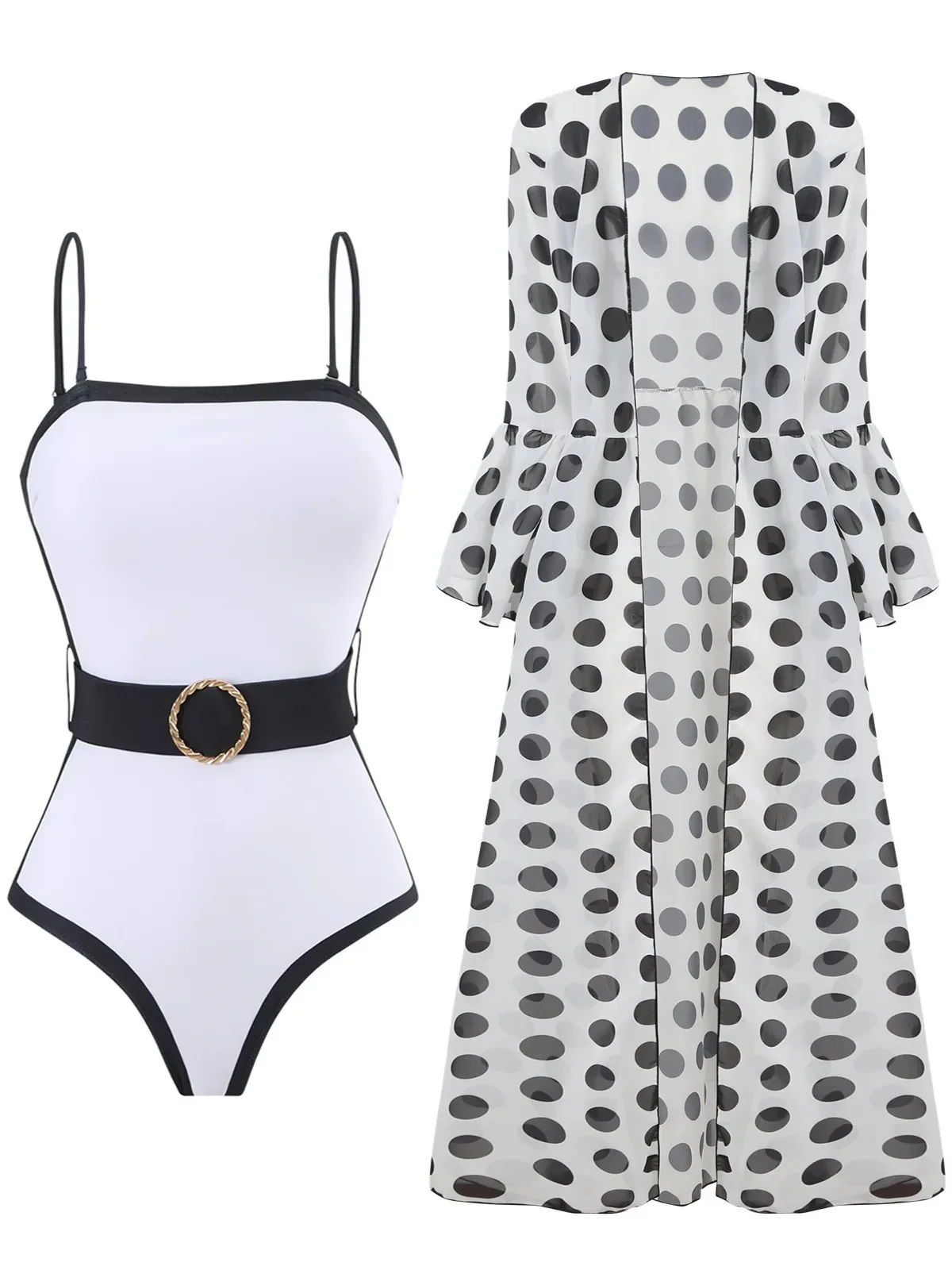 Conjunto de traje de baño de una pieza para mujer, traje de baño de malla de manga larga con protección solar, Bikini Monokini ajustado con cinturón de retazos en blanco y negro 2024