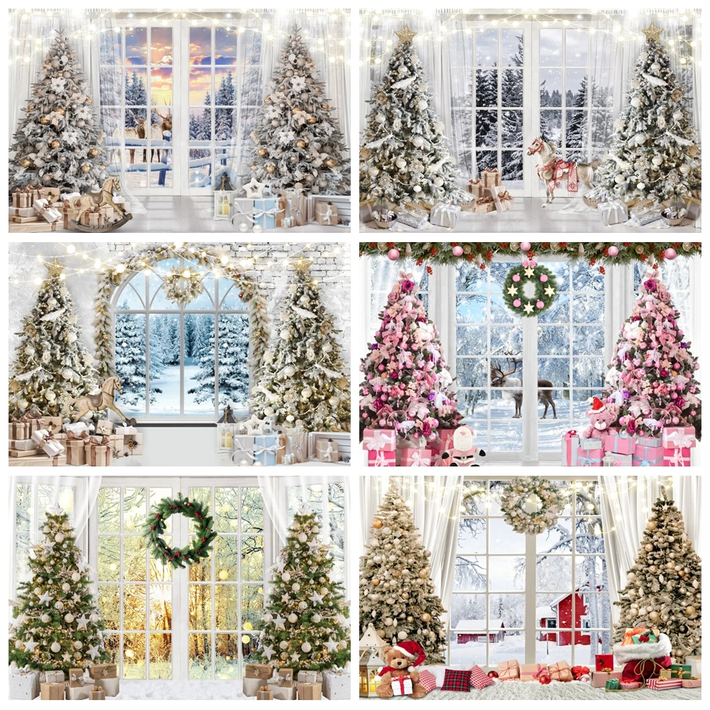 Winter Christmas Backdrop White Wood Window Snow Forest Scene Xmas Tree Gift Fireplace Family Party Photography Background Decor