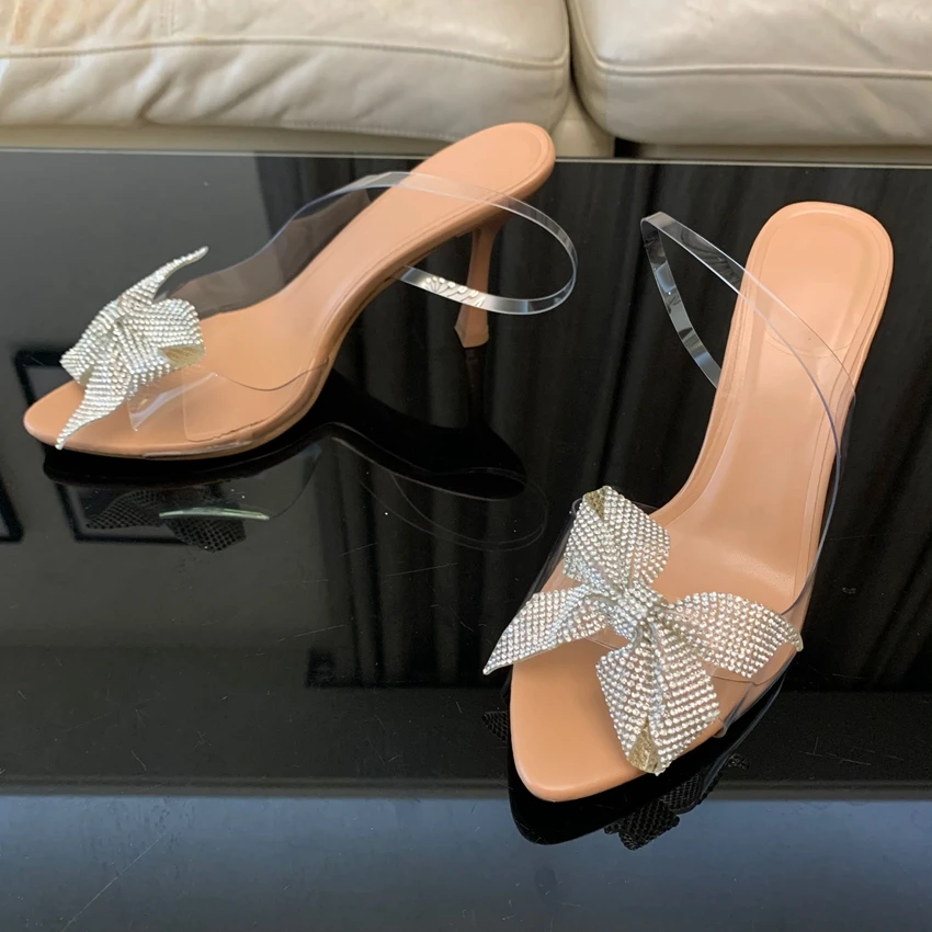 Women Pumps 2024 Summer Fashion Bow Rhinestone Transparent High Heels Sexy Slingbacks Heeled Luxury Brand Female Elegant Sandals