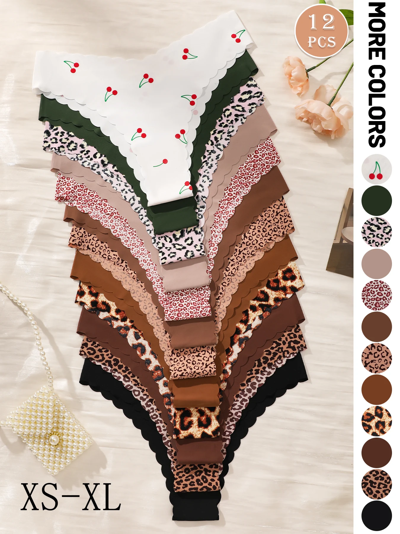 

Упаковка из 12 штук — женские треугольные трусики с волнистыми краями, сексуальные и удобные, разноцветные принты и однотонные цвета.