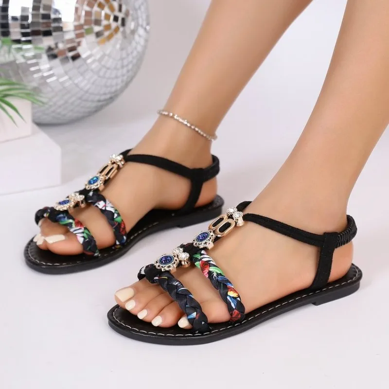 

Women's Fashionable Round Toe Bohemian Style One Foot Elastic Band Casual Versatile Flat Sandals