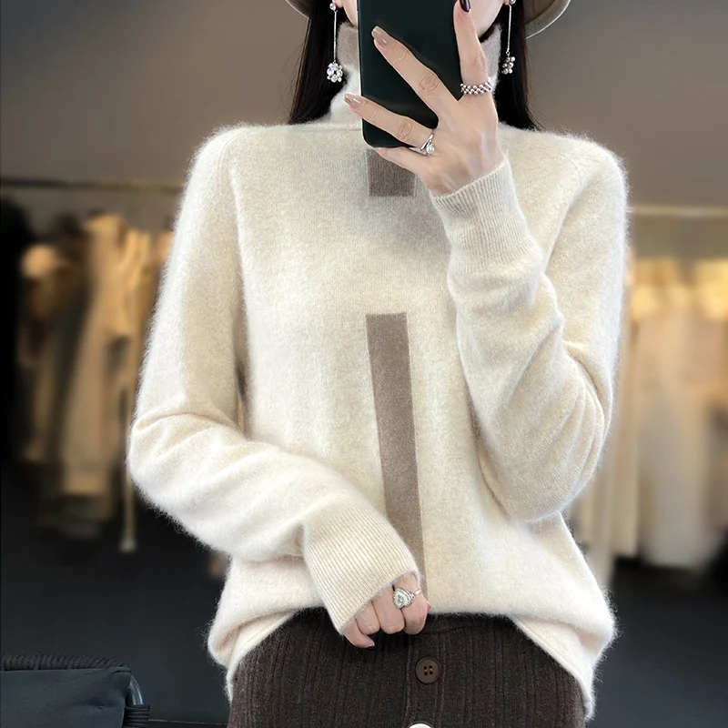 RONGYI 100% Mink Cashmere Women\'s Turtleneck Pullover Knitted Color Matching Fashion Casual Coat Autumn And Winter Hot Top