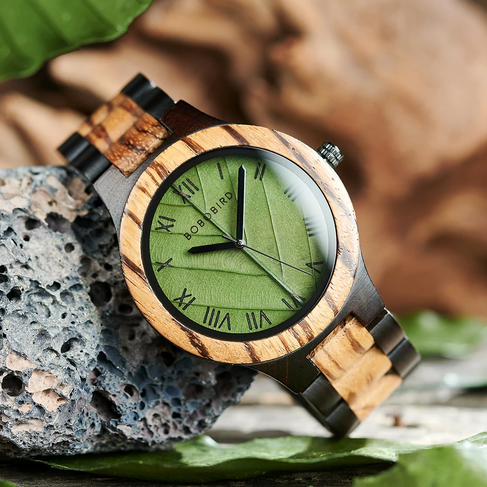 BOBO BIRD Montre en bois pour homme, cadran cuir chevelu véritable, montres-bracelets à quartz avec boîte cadeau, montres en bois, Reloj zones bre,