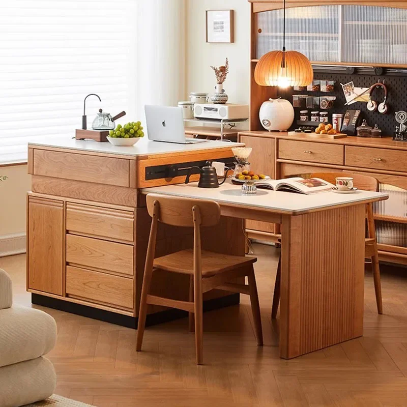 

Обеденный стол-остров из вишневого дерева для небольшой квартиры, раскладной, с каменной столешницей, для бара и обеденной зоны.