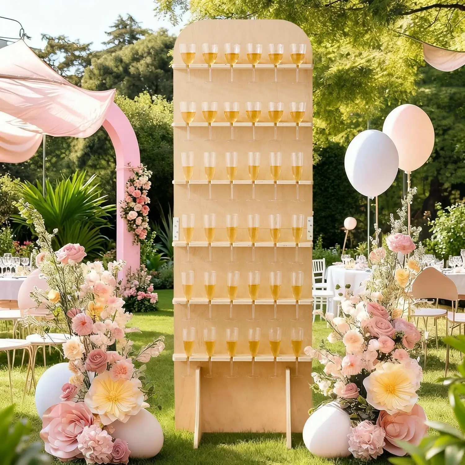 6 Tier Wood Champagne Wall Stand, Freestanding Wine Glass Holder Rack Display Organizer For Wedding Celebration Party, Rustic Farmhouse Style, Natural Wood, 1 Piece