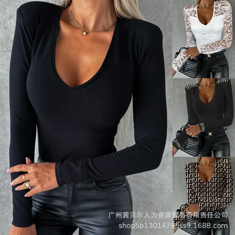 

V Neck Women Solid Sexy Slim Fit Full Sleeve Tops Thin Splice Simple Regular T Shirts Casual Ladies Autumn Winter 2023