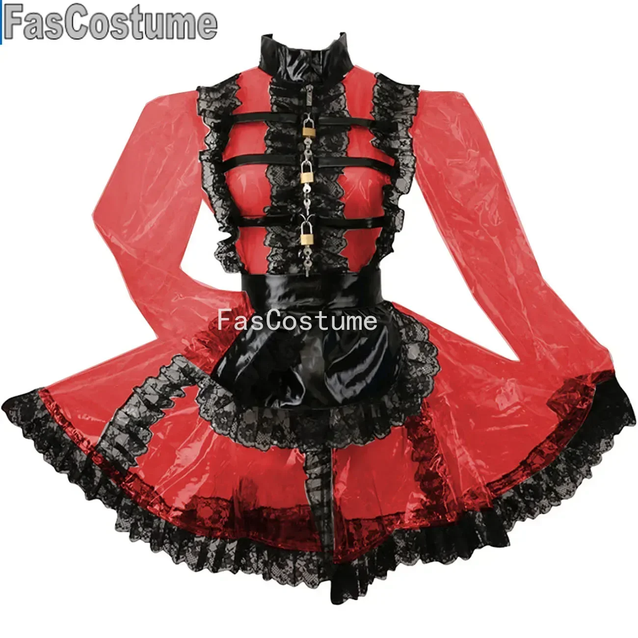 FasCostume Transparent PVC Lockable Exotic Mini Maid Dress Sexy Black Lace Long Sleeve Perspective Uniform High Neck