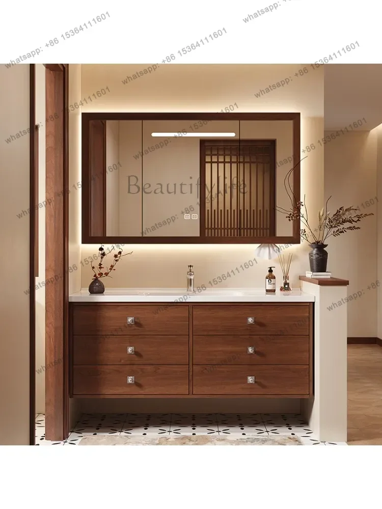 Medieval oak bathroom cabinet combination French retro hand wash table ceramic integrated washbasin