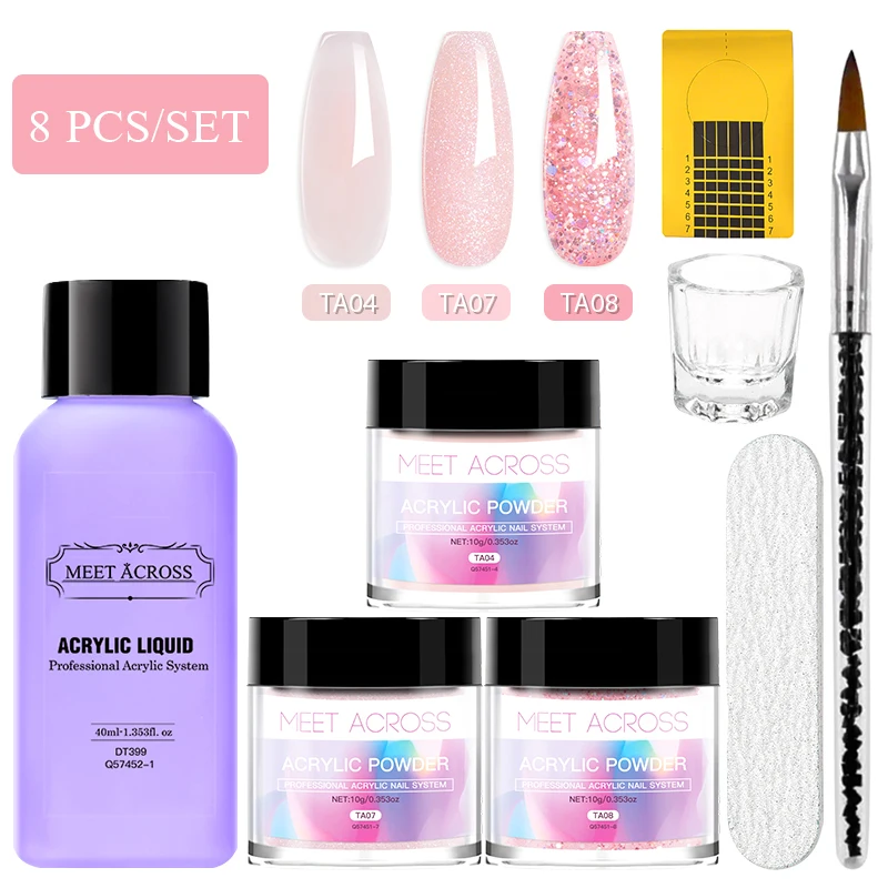 MEET ACROSS 10g Acrylic Powder Set With Acrylic Liquid For French Nail Quick Extension Manicure Tool No Need Lamp Cure