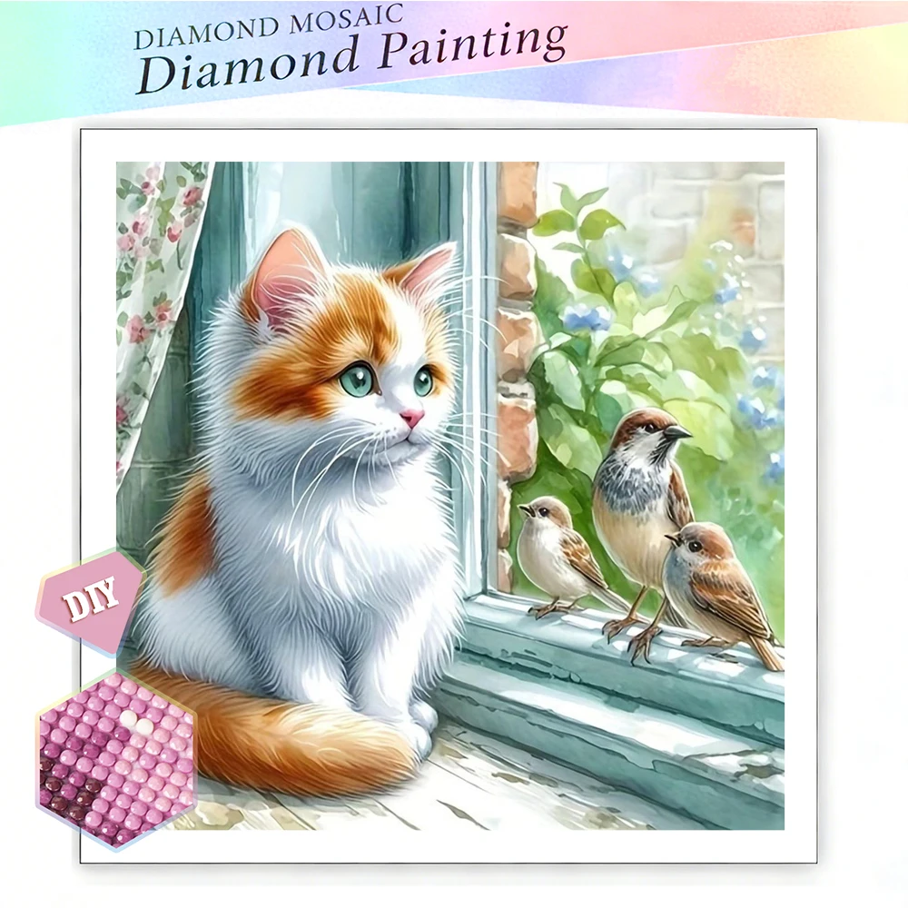 EverShine DIY Diamond Mosaic Cat Bird Embroidery Window Full