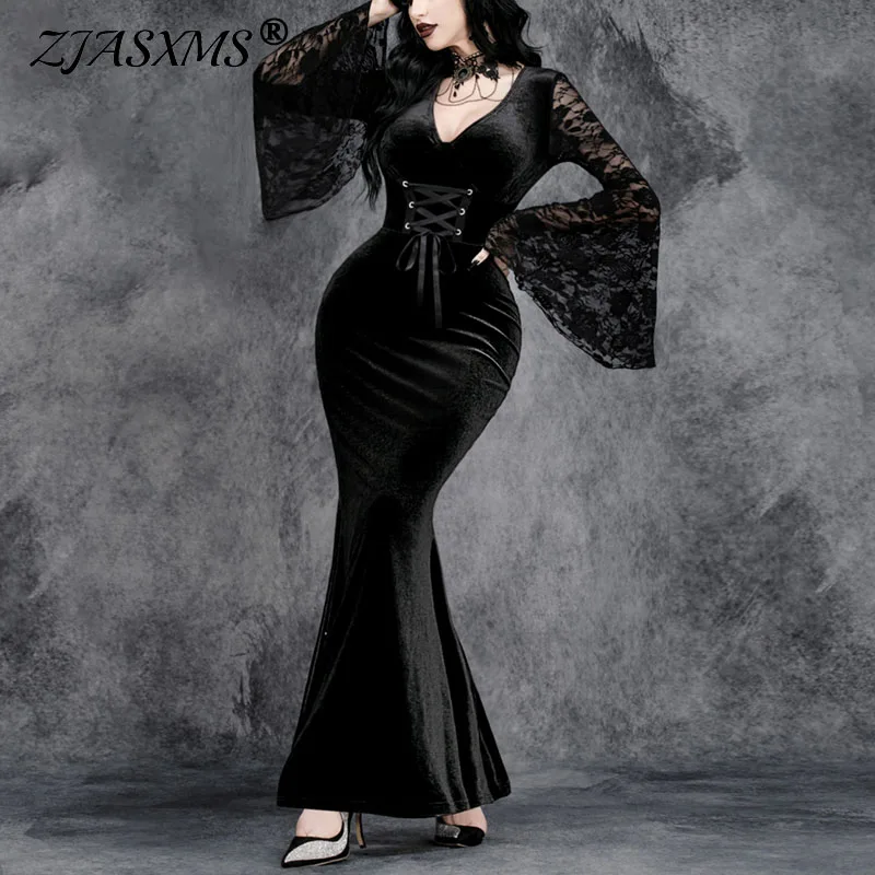 

Black Retro Gothic Punk Halloween Costume Woman Sexy V Neck Tie-up Slim Long Dress Fall Flare Sleeve Lace Embroidery Party Dress
