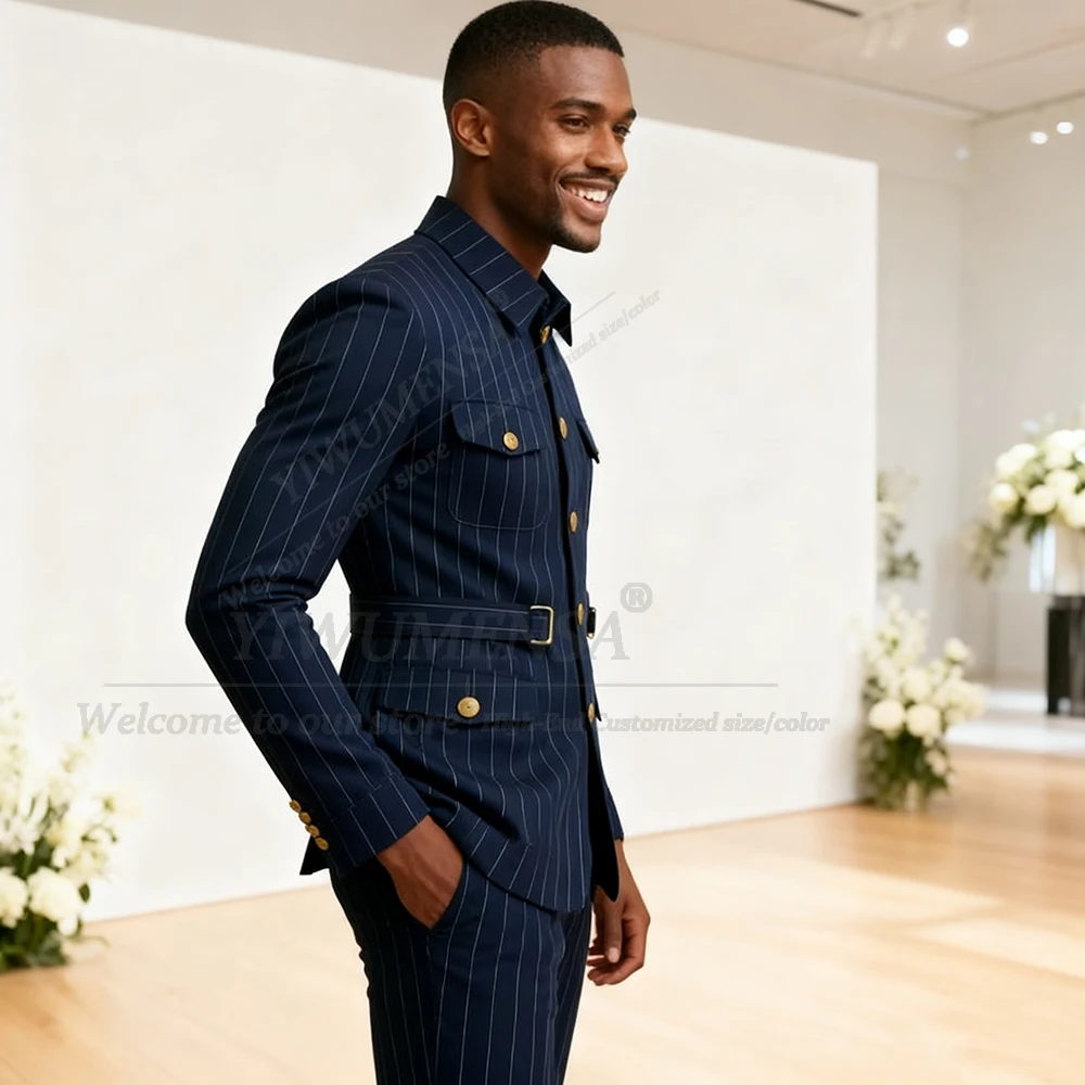 

Классические мужские костюмы в полоску, комплект из 2 предметов, куртка в стиле сафари, брюки, мужской банкетный наряд по индивидуальному заказу, мужские деловые вечерние смокинги для жениха