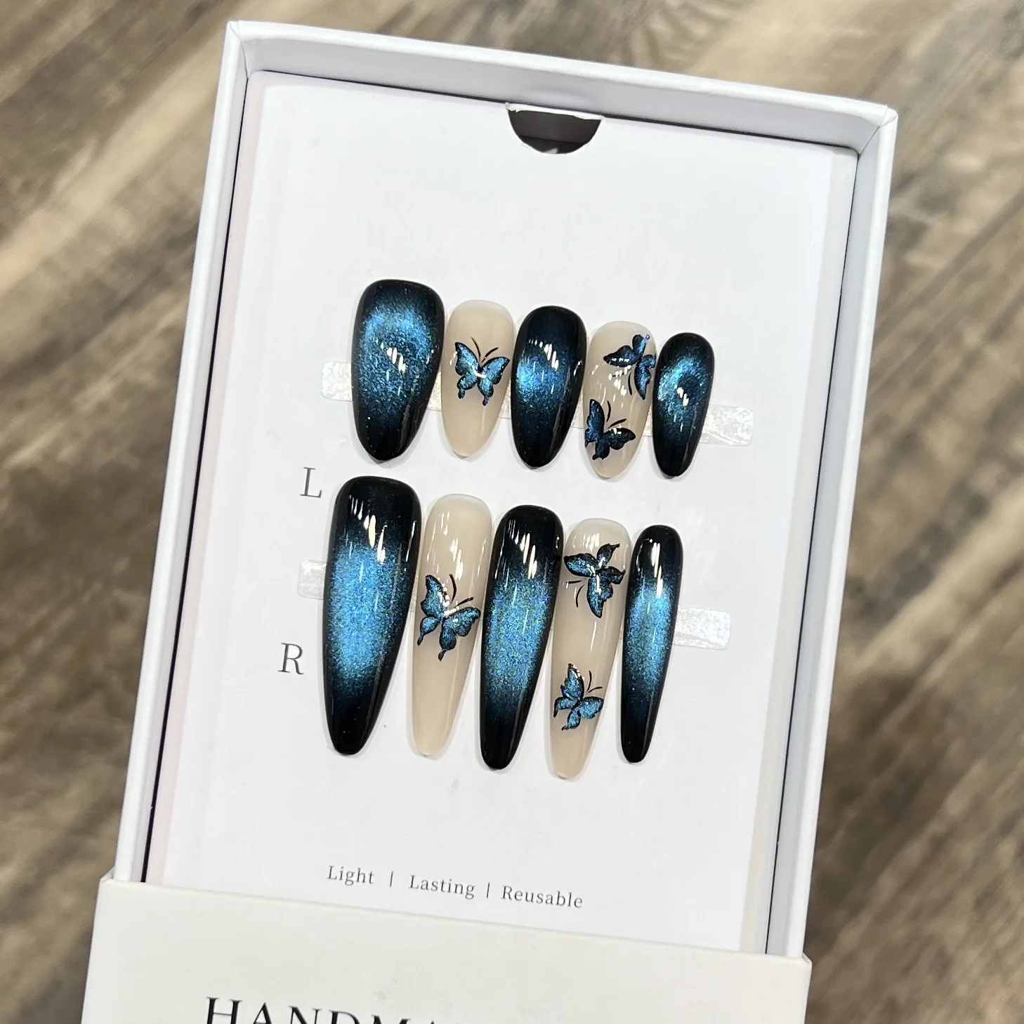 10 pezzi fatti a mano stampa sulle unghie medio ovale blu farfalla magica perla di vetro occhio di gatto unghie finte per donne e ragazze unghie rimovibili