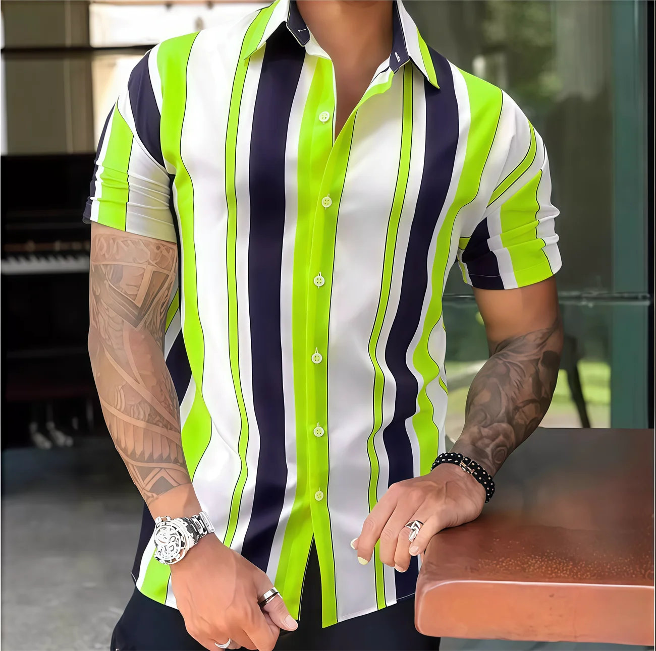 Men's shirts casual striped colorful print short-sleeved shirts lapel shirts fashionable and comfortable large size tops XS-5XL