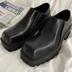 High-end Cowhide Thick-soled 5CM Loafers Men's 2024 New Retro One-pedal High Street Style Square Head Leather Shoes