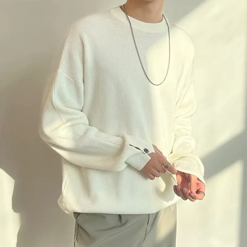 

Laid-ba Sle Men's Knitted Sweater White High-End Feeling round Ne Long Sve Button up Knitwear Trendy Brand Youthful ...