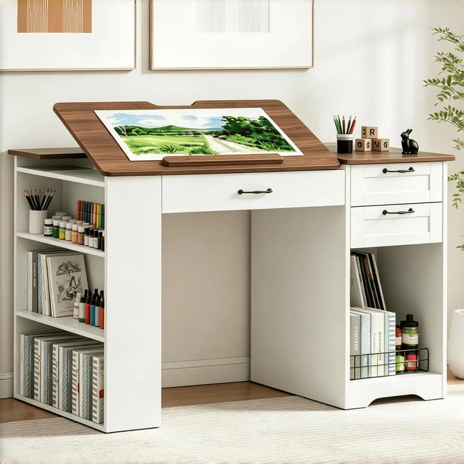 Drafting Table with Storage Cabinet & Drawers, Adjustable Drawing Desk with Open Shelves, Craft Table Painting Desk, Customized