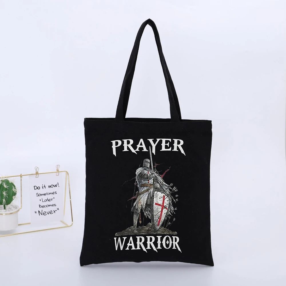Medieval Knight Graphic Canvas Tote Bag with Typography Print, Streetwear Style for Daily Casual Use