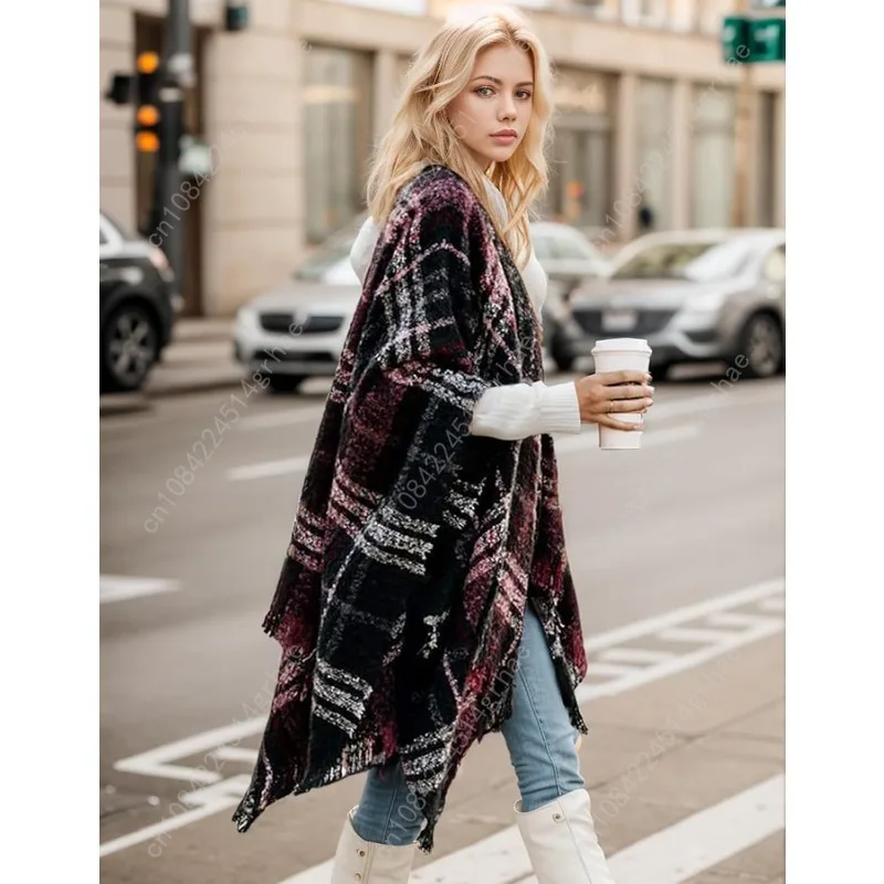 شال نسائي يلتف مفتوح من الأمام أثناء السفر، سترات منقوشة كبيرة الحجم دافئة، شالات صوفية غير رسمية #2