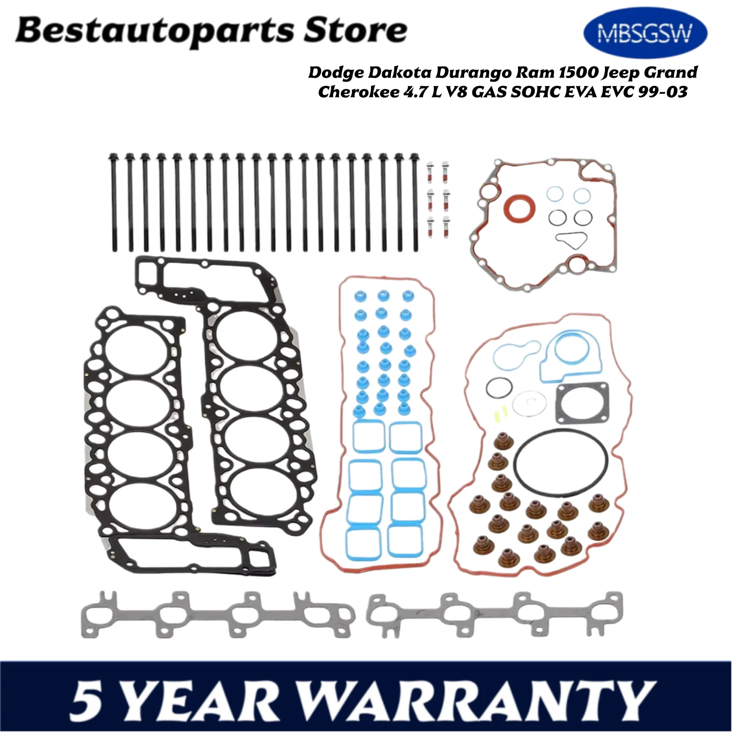 ENGINE Full Gasket Set & Head Bolts For 99-03 Dodge Dakota Durango Ram 1500 Jeep Grand Cherokee 4.7 L V8 GAS SOHC EVA EVC