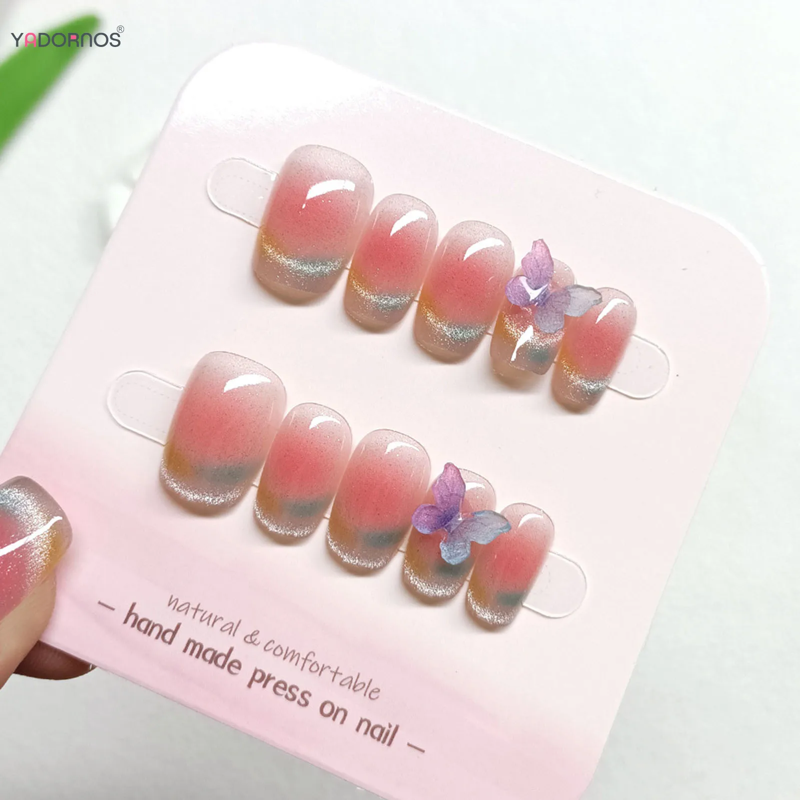 Blush Pink Press on Nails with Butterfly Designed Colorful Cat's Eyes Handmade Fake Nails Wearable False Nails for Women Girls