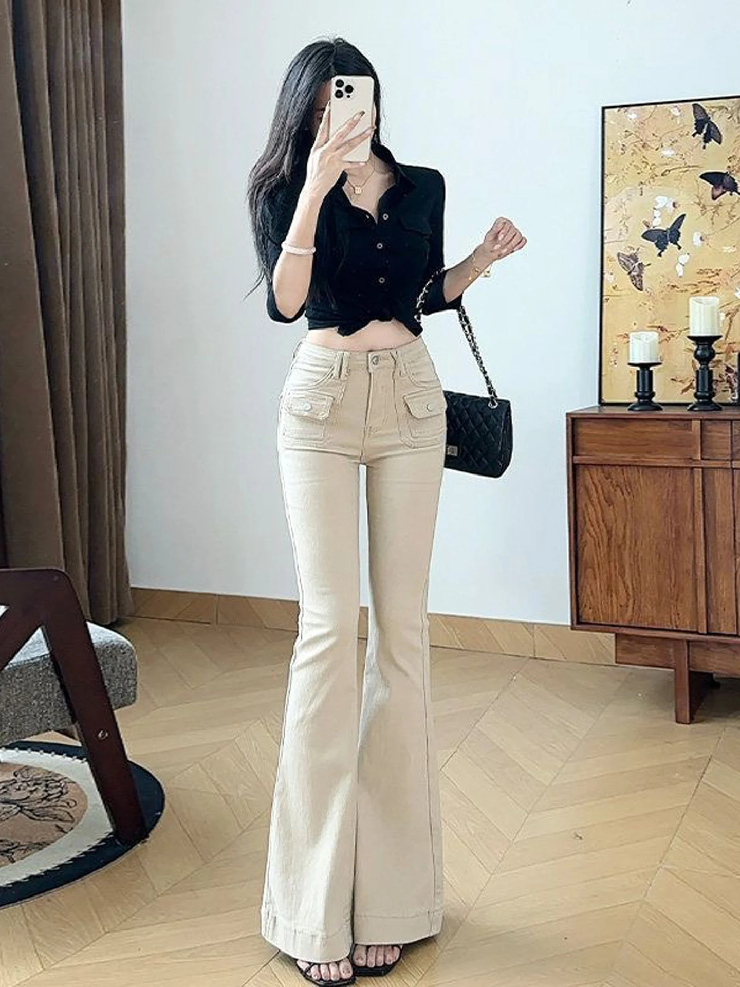 Khaki High Waist Slimming Jeans Women's Bootcut Denim Pants Fall Season Fashion Design Pocket Detail Regular Washed Pure Color