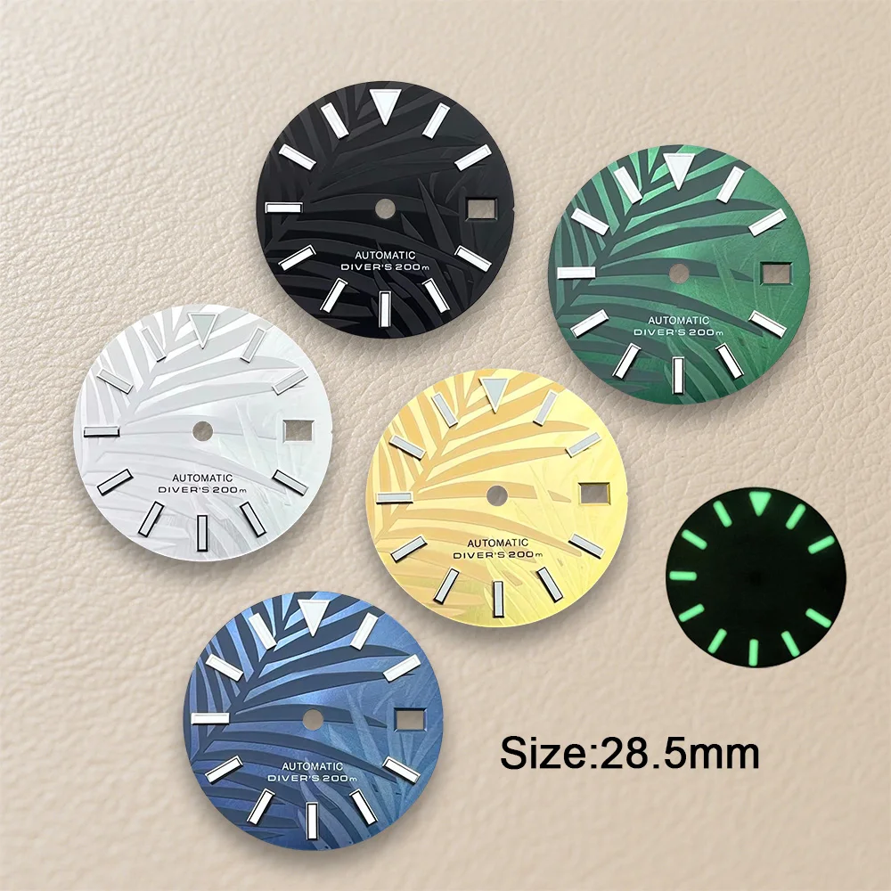 28.5mm S Logo SKX007 Dial Fit NH35/NH36/4R/7S Movement Green Luminous High-Quality Bamboo Leaf Watch Modification Accessories
